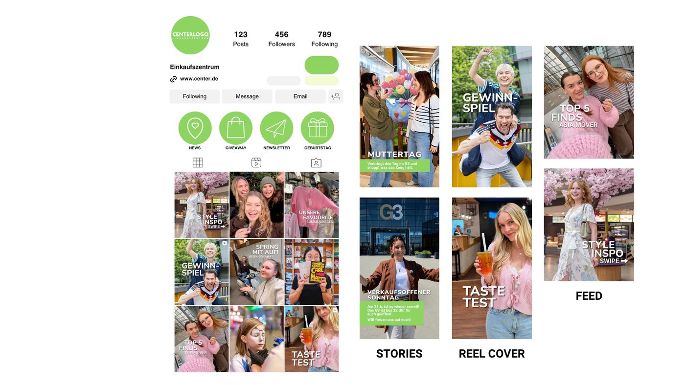 Übersicht · Profil, Feed, Stories, Reel-Cover